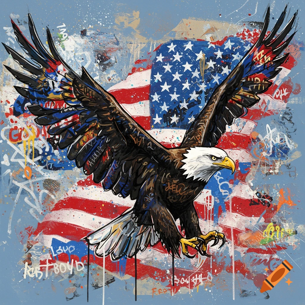Basquiat-style painting of a bald eagle with outstretched wings against a distressed American flag background with graffiti elements.