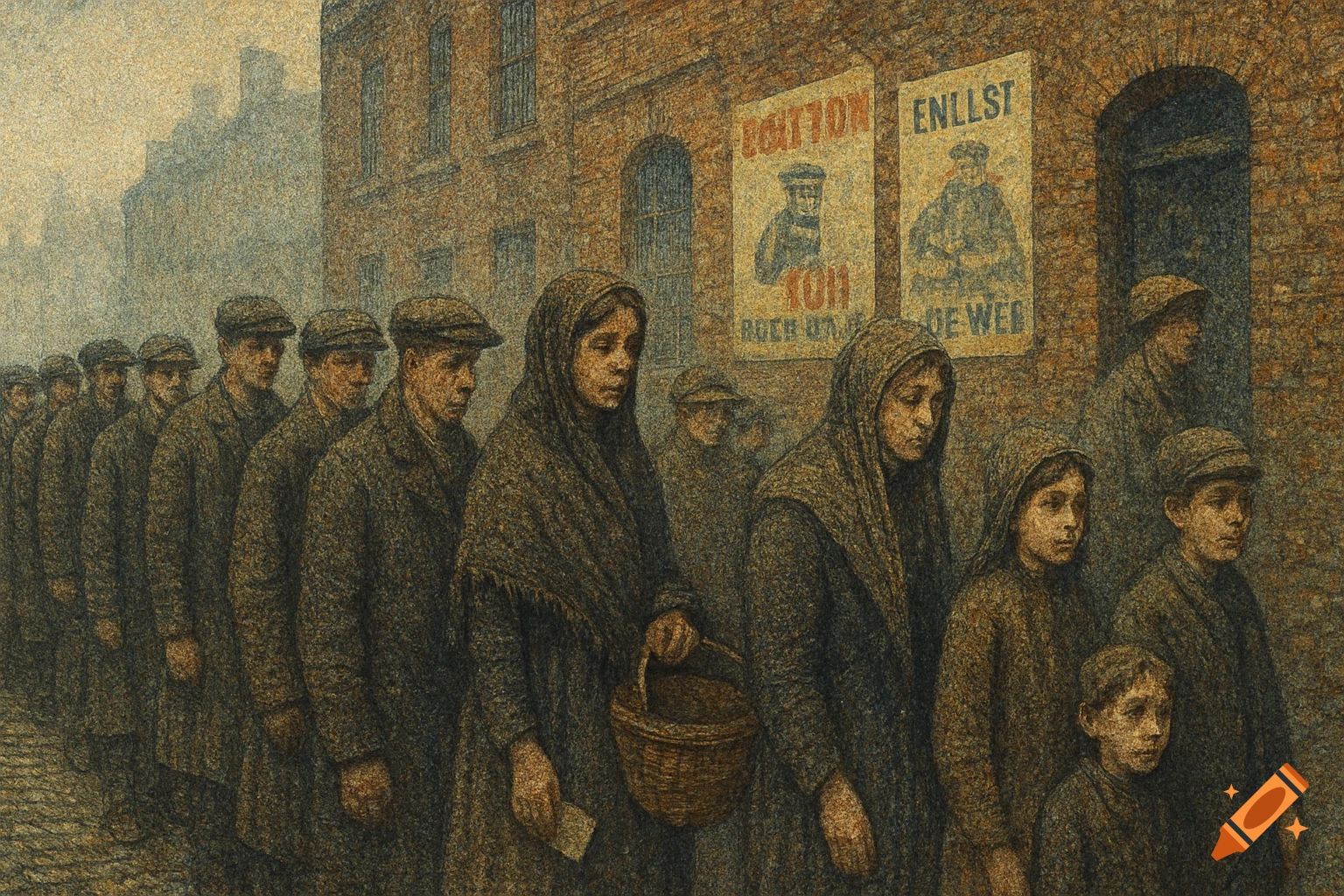 Pointillist painting of a somber line of civilians, including men, women, and children, on a cobbled street with brick buildings and war posters in the background.