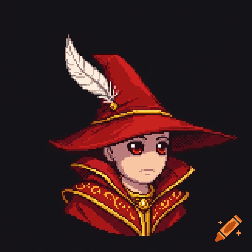 A pixel art bust of a character in a red wizard hat with a white feather and a red robe with gold trim, on a black background.