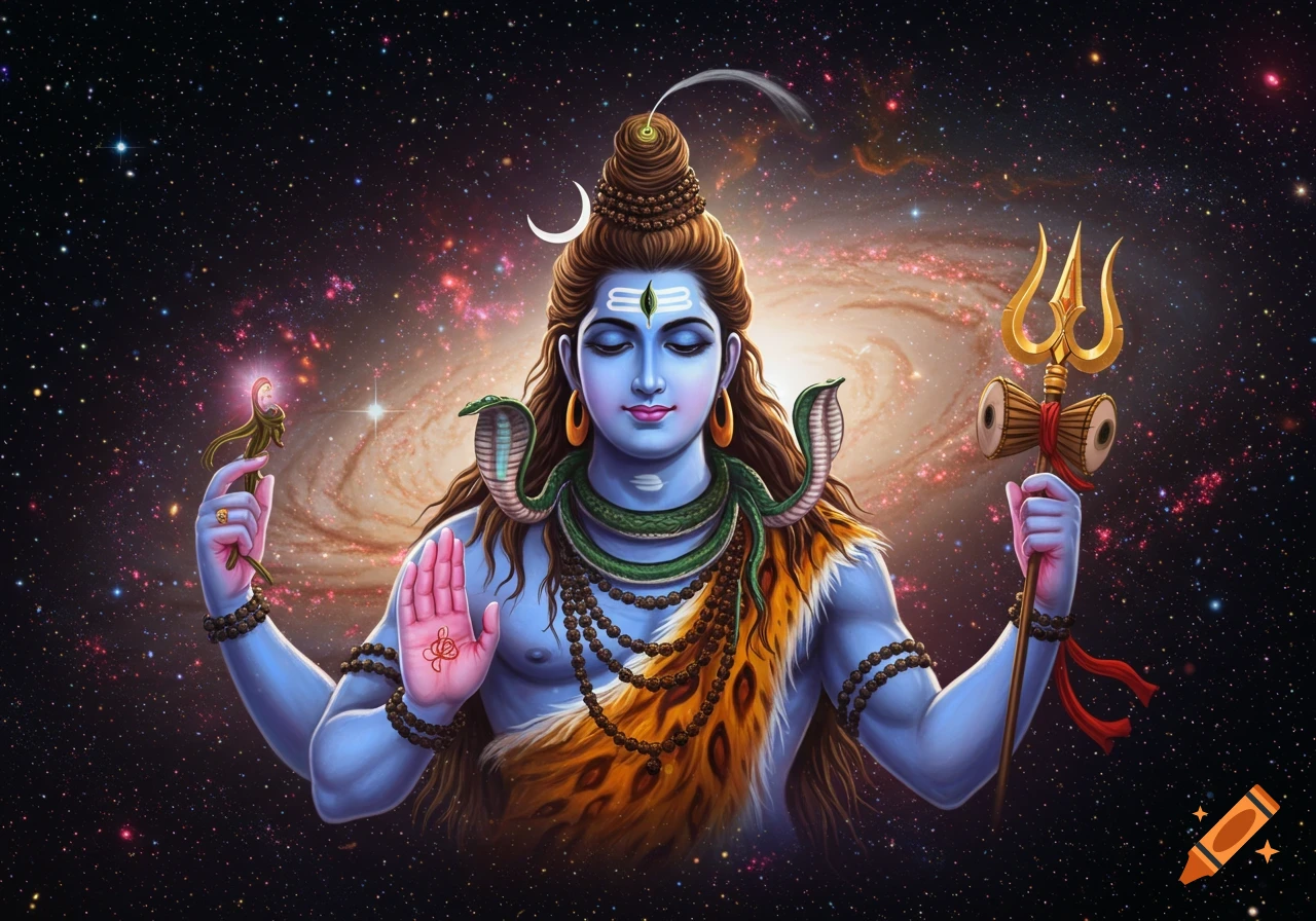 Lord Shiva, with blue skin and a third eye, meditating in a vibrant cosmic galaxy with stars.