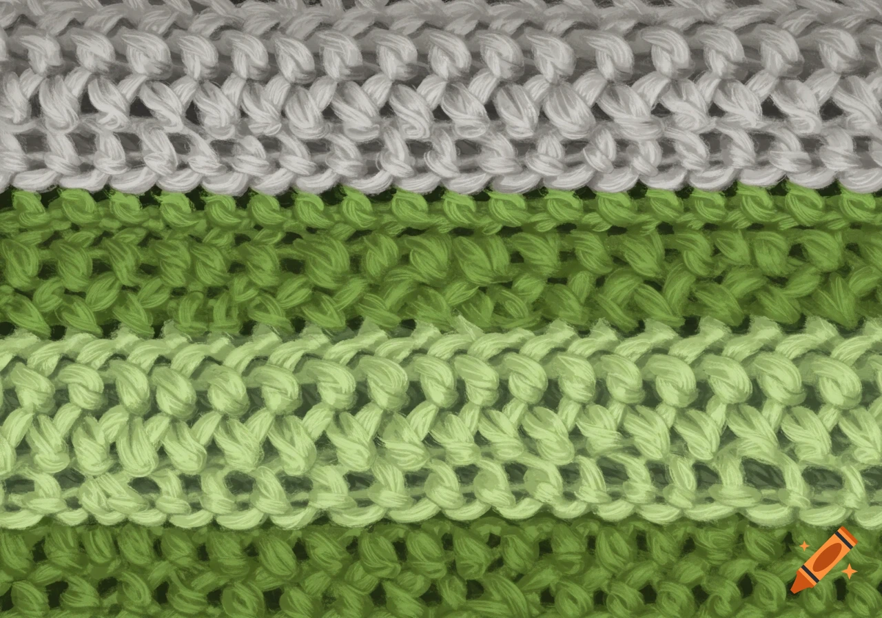 Close-up of a crocheted pattern with horizontal stripes of light grey and shades of green.