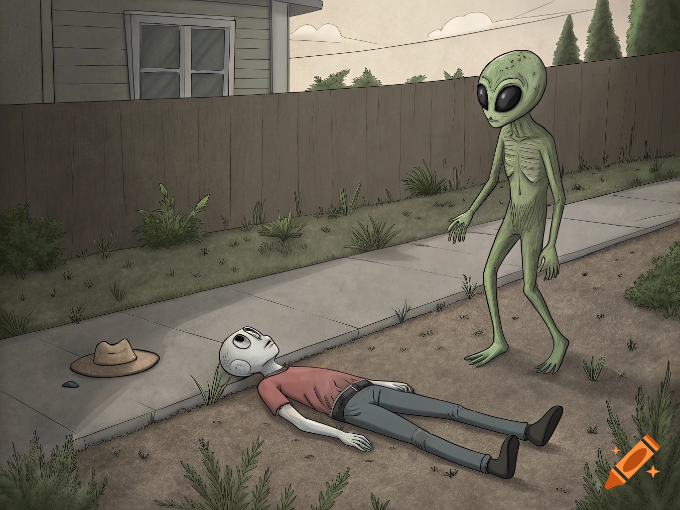 A green alien stands over a grey alien lying on the ground in a suburban yard, cartoon illustration.