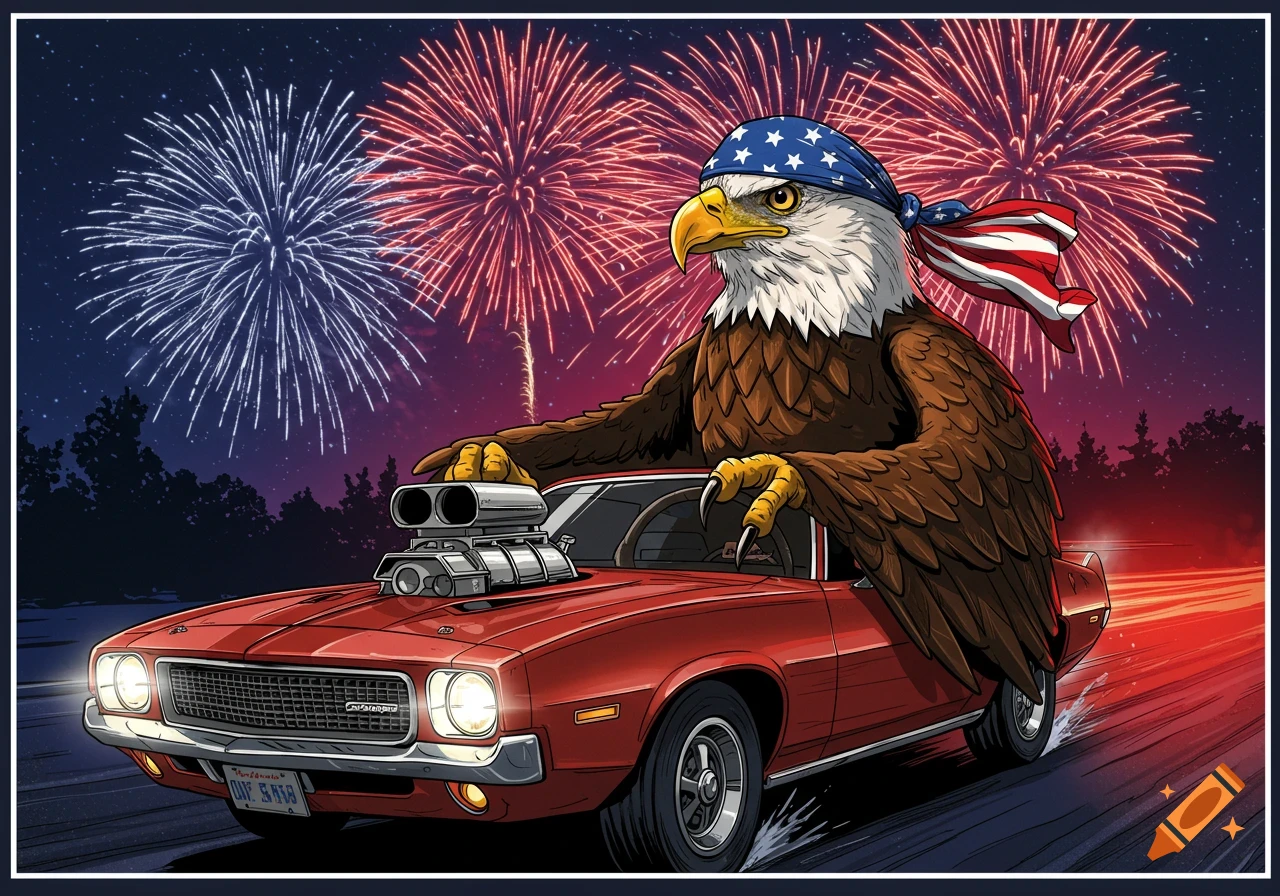 A cartoon bald eagle wearing an American flag bandana drives a red muscle car under a sky filled with fireworks.