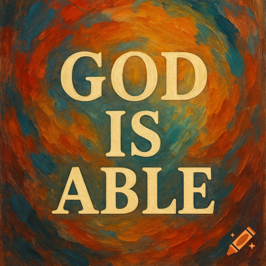 The words 'GOD IS ABLE' in large gold letters against a vibrant, swirling abstract background of orange, blue, and teal brushstrokes.