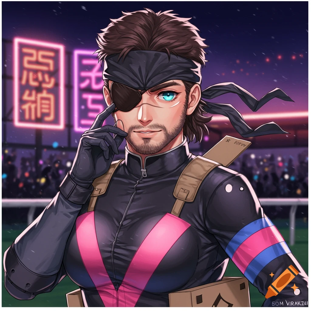 Anime-style Solid Snake with an eyepatch and black suit with pink V-design, posing at a neon-lit racetrack.