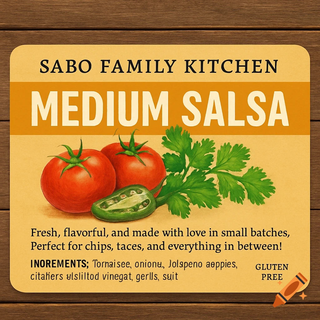 A vintage-style label for 'Sabo Family Kitchen Medium Salsa' featuring illustrations of tomatoes, cilantro, and a sliced jalape no on a wooden background.