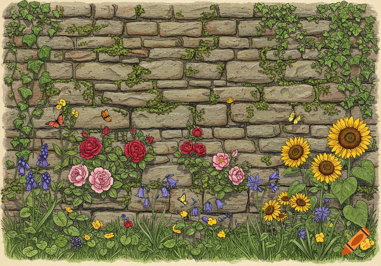 Illustration of a stone wall covered in ivy and moss, with a vibrant cottage garden of roses, sunflowers, bellflowers, and butterflies.