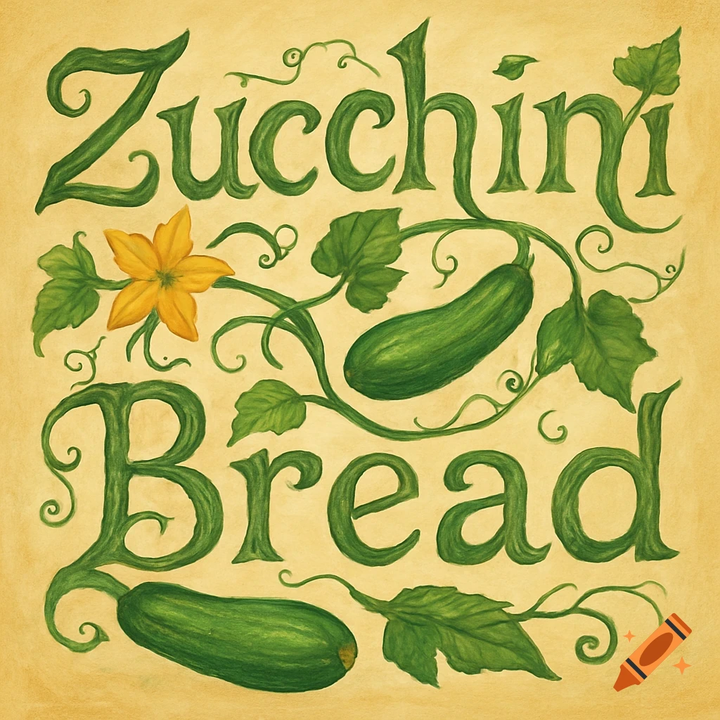Artistic illustration of 'Zucchini Bread' spelled out in green vine-like letters with actual zucchinis, leaves, and a yellow flower on a beige background.