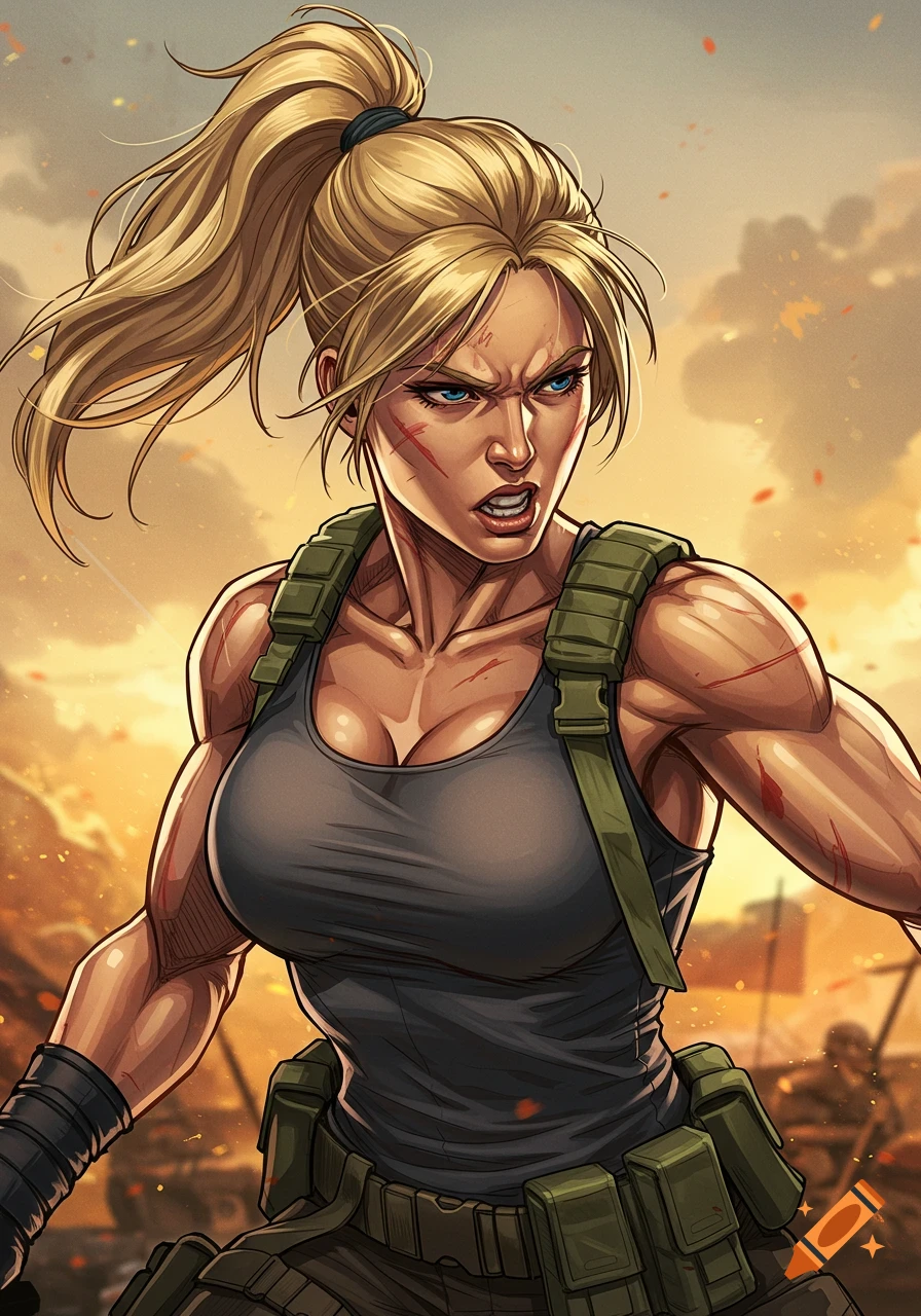 A muscular blonde woman with a ponytail, wearing a tank top and military gear, looks intensely forward in a comic book art style.