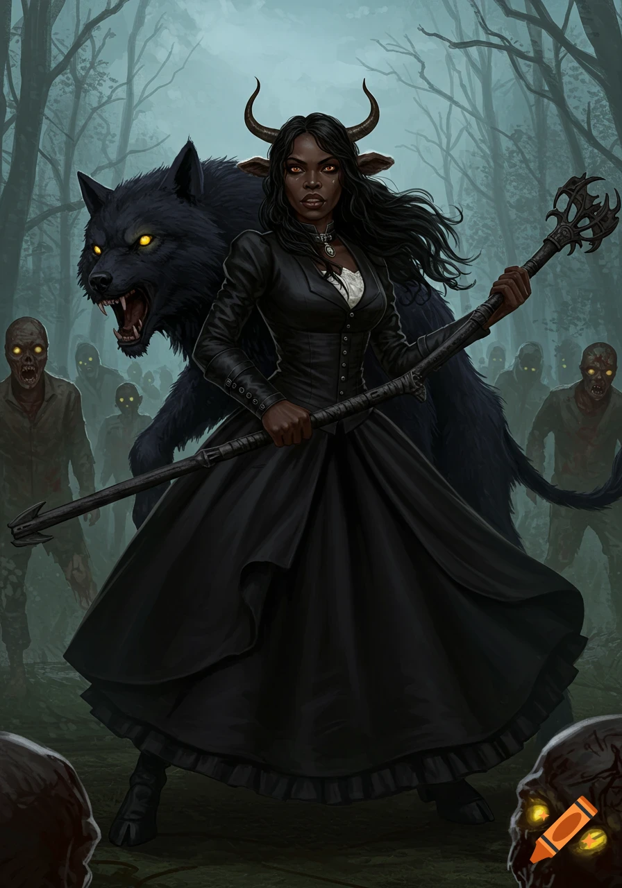A dark-skinned necromancer with horns and hooves in a black dress stands with a black werewolf and glowing-eyed zombies in a misty forest, comic book style.