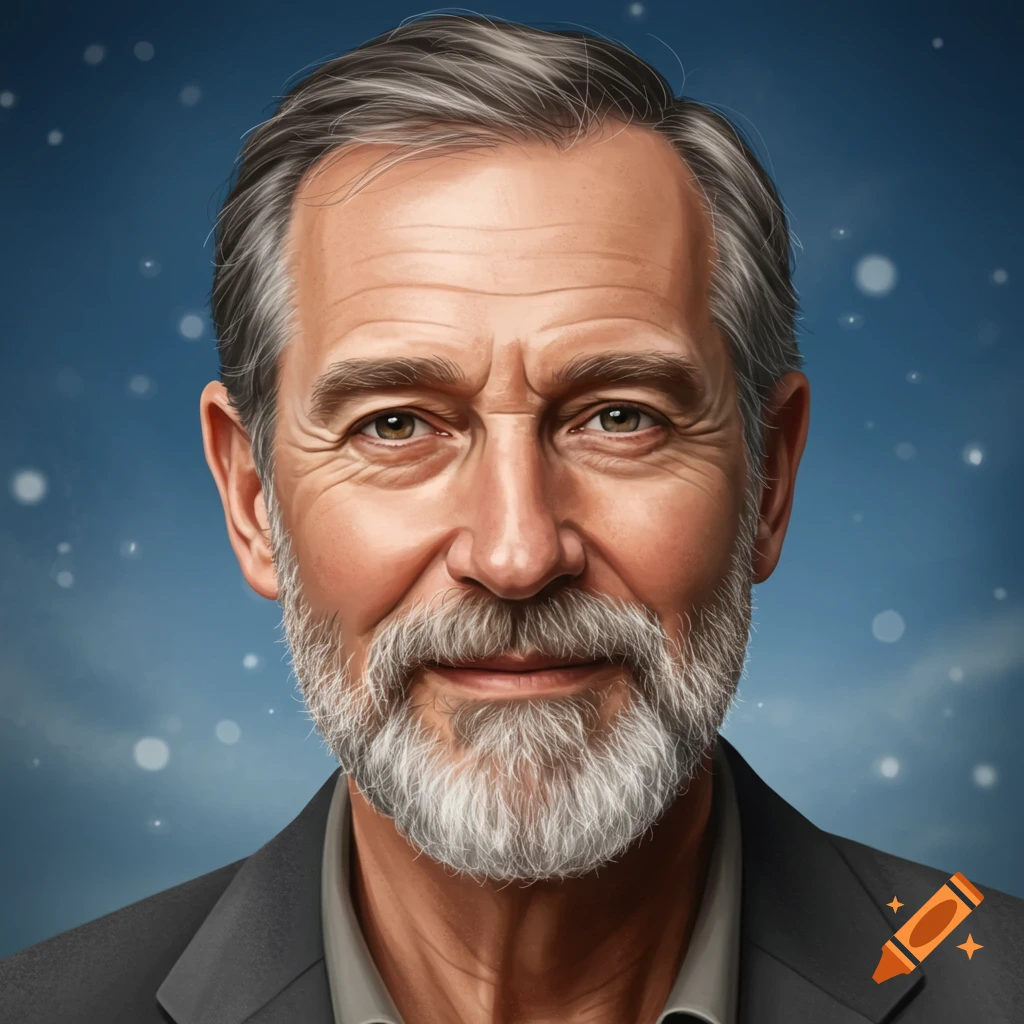 Close-up digital painting portrait of an older man with a grey beard against a blue background.