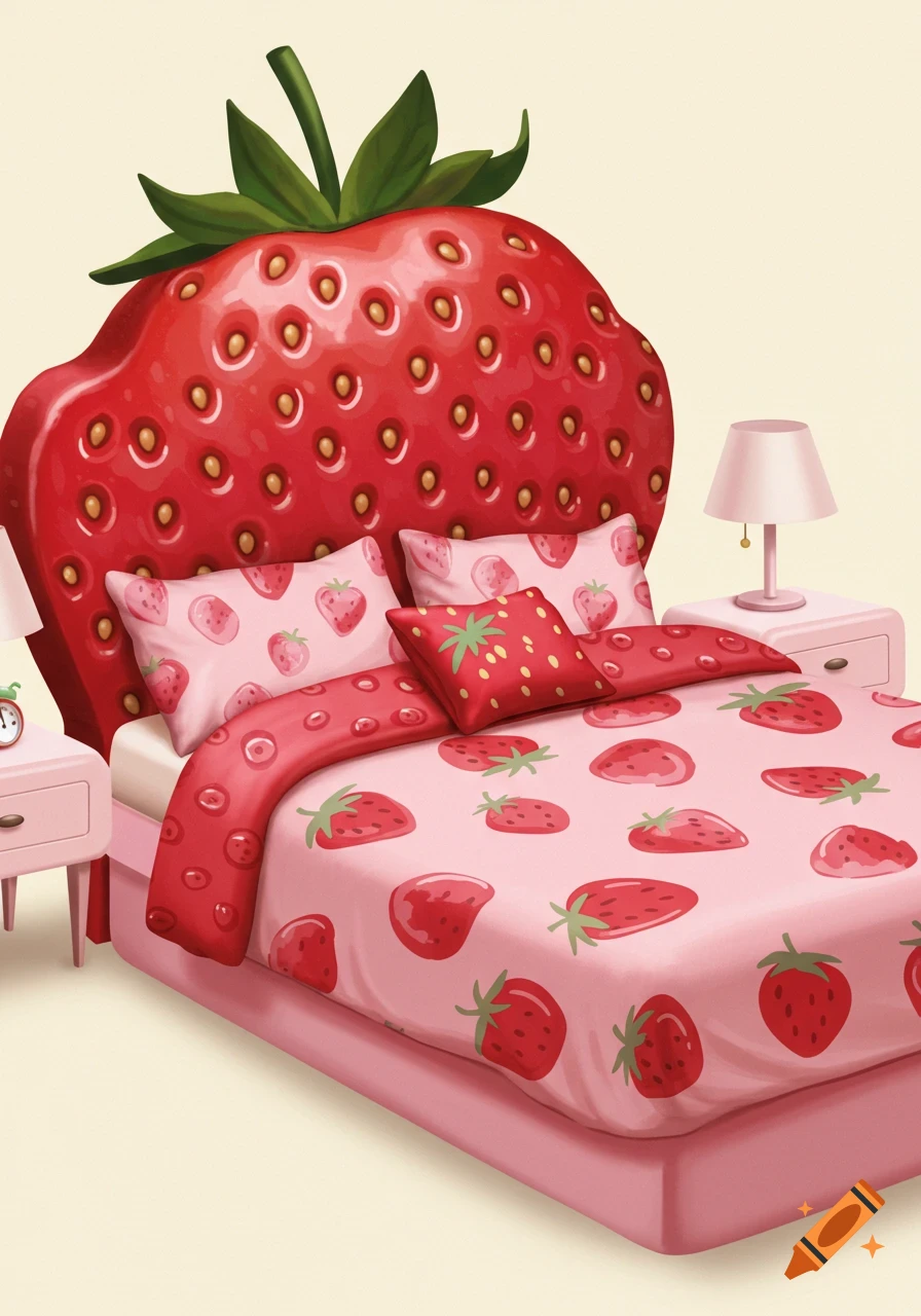 An illustrated strawberry-themed bed with a large red strawberry headboard and pink bedding adorned with strawberry patterns.