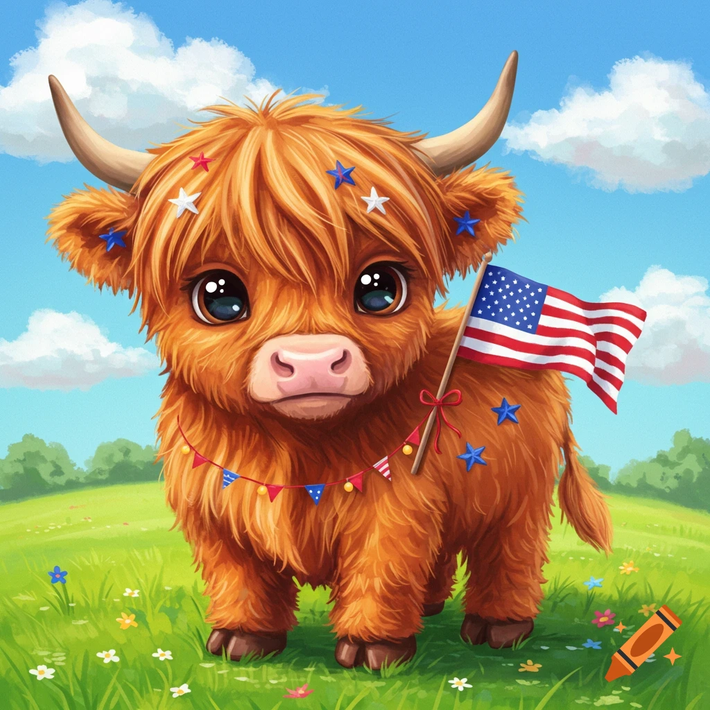 Cute fluffy brown highland cow in a green field, decorated with red, white, blue stars, holding an American flag with bunting, cartoon style.
