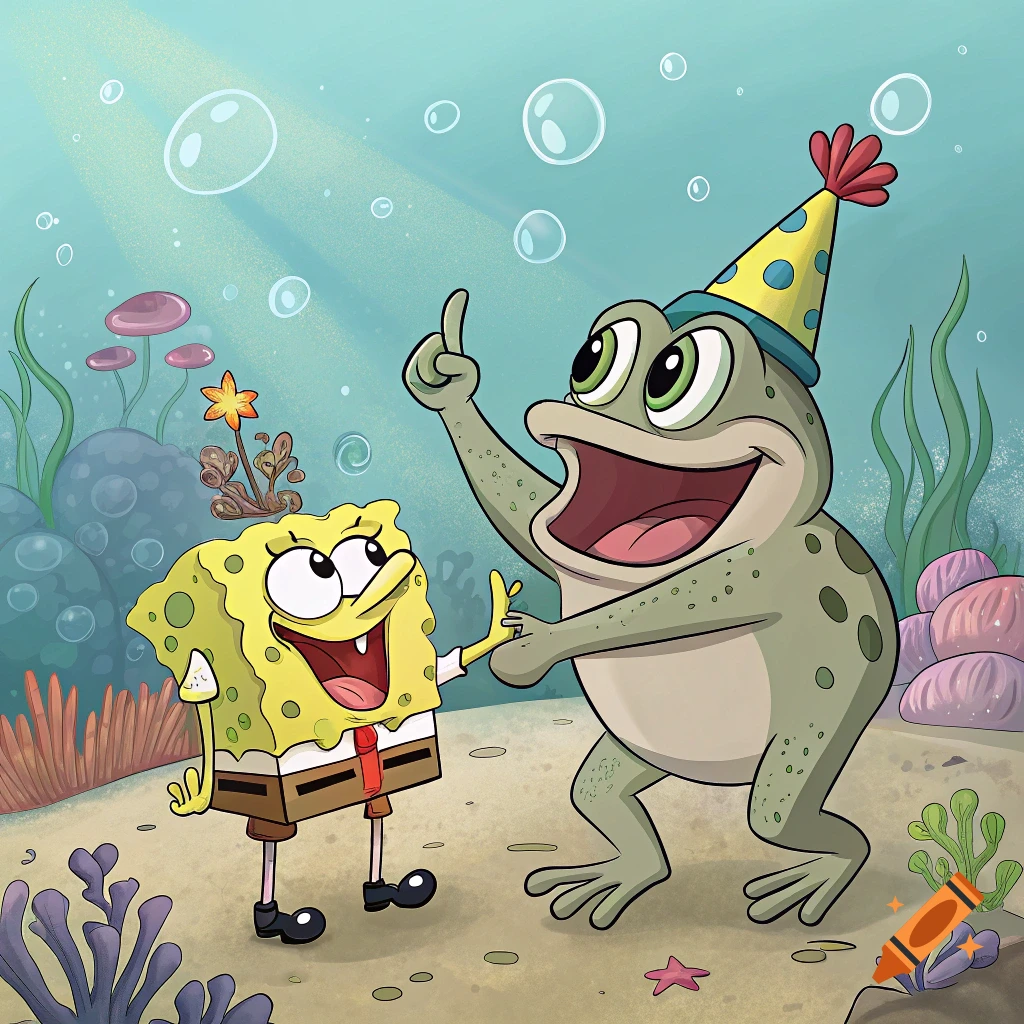 Cartoon Spongebob and a happy toad wearing a party hat underwater with bubbles and coral.
