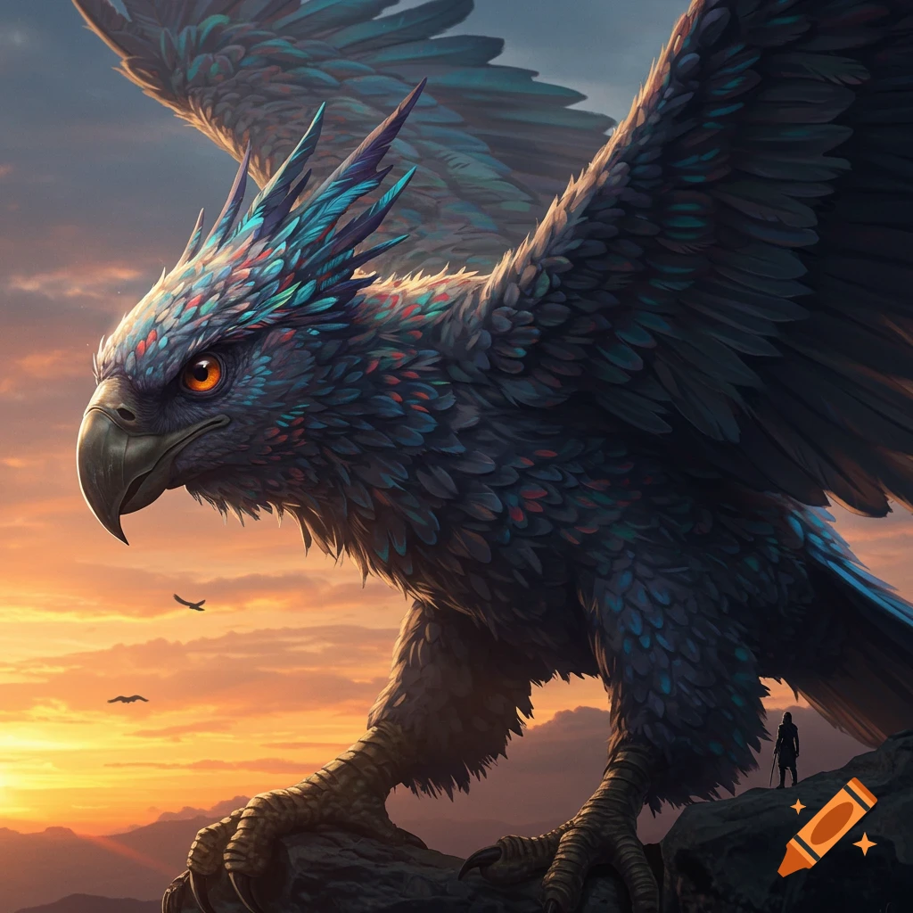 A majestic giant bird with colorful feathers stands on a rocky cliff at sunset, a tiny human visible below its massive wings.
