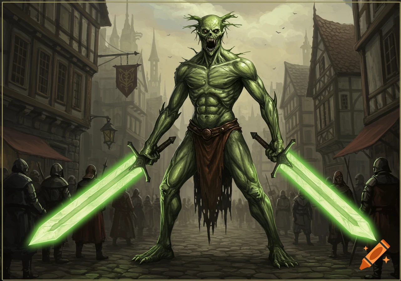 A monstrous green humanoid creature with fangs and claws stands in a medieval street, wielding two glowing green swords.