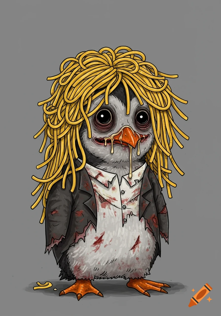 A cartoon penguin with spaghetti hair, wearing a torn and blood-splattered shirt, with liquid dripping from its beak.
