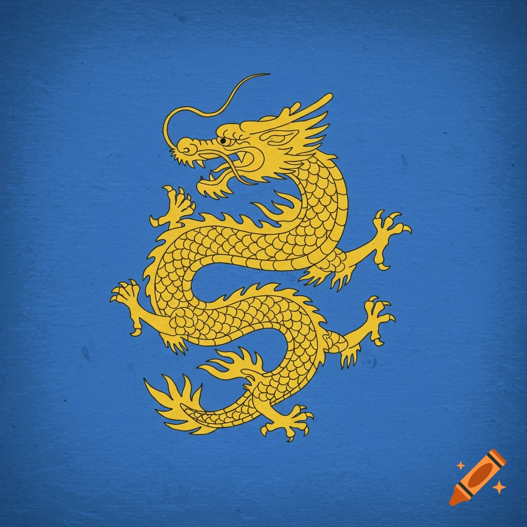 A stylized gold dragon on a textured blue background, resembling a flag.