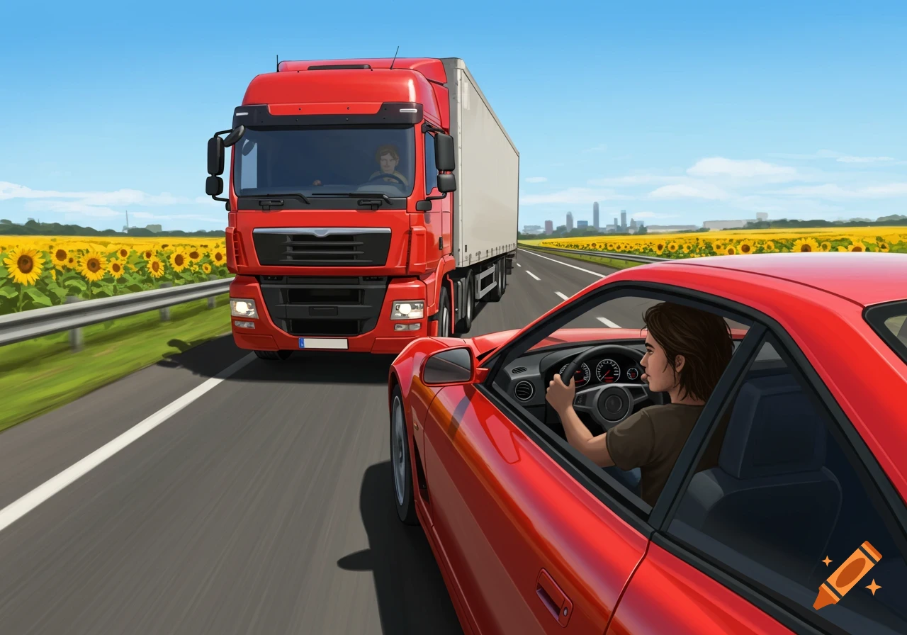 Illustrative image of a man in a red sports car driving beside a red transport truck on a highway through a sunflower field.