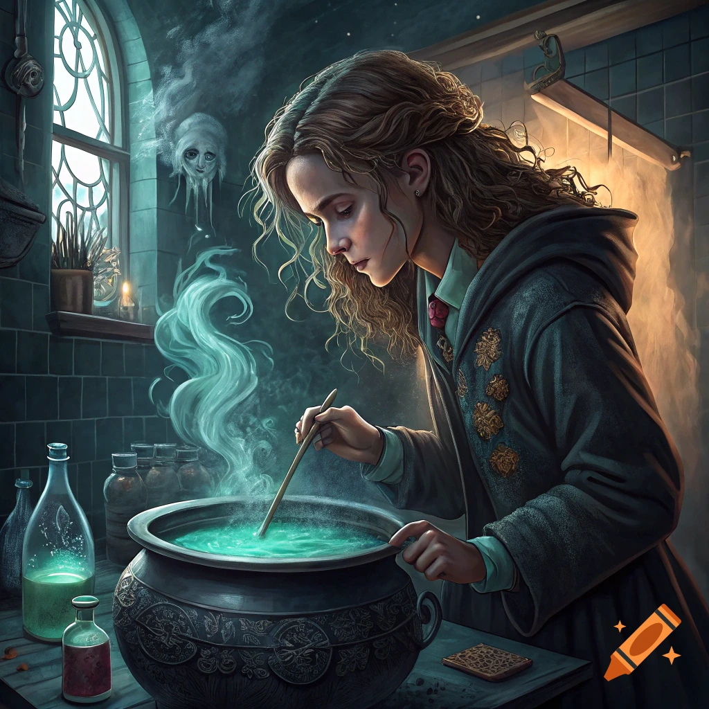Hermione Granger stirs a glowing green potion in a cauldron in a magical room with a ghostly figure and arched window.