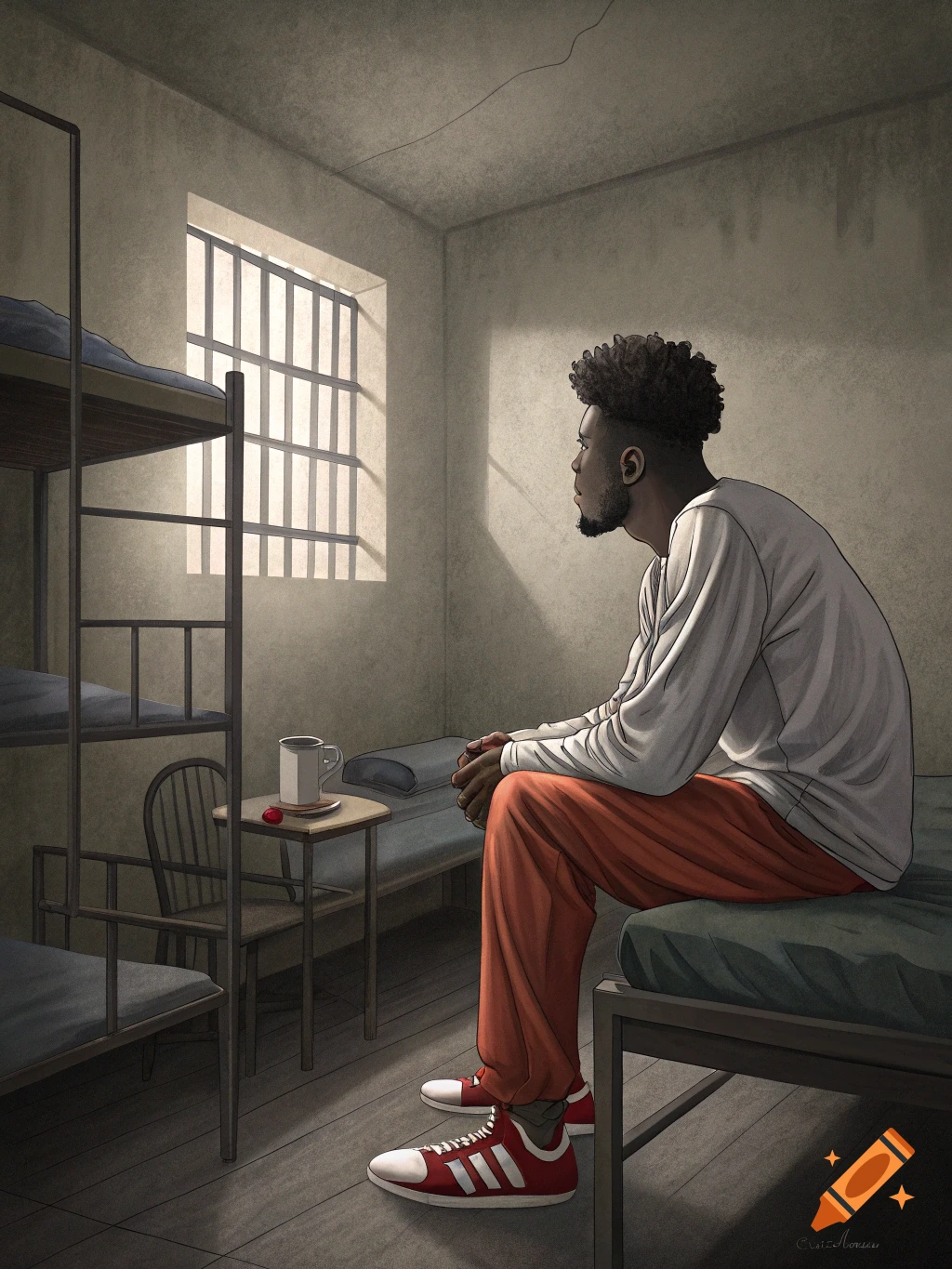An illustration of a man with an afro sitting on a bunk bed in a prison cell, looking out a barred window.
