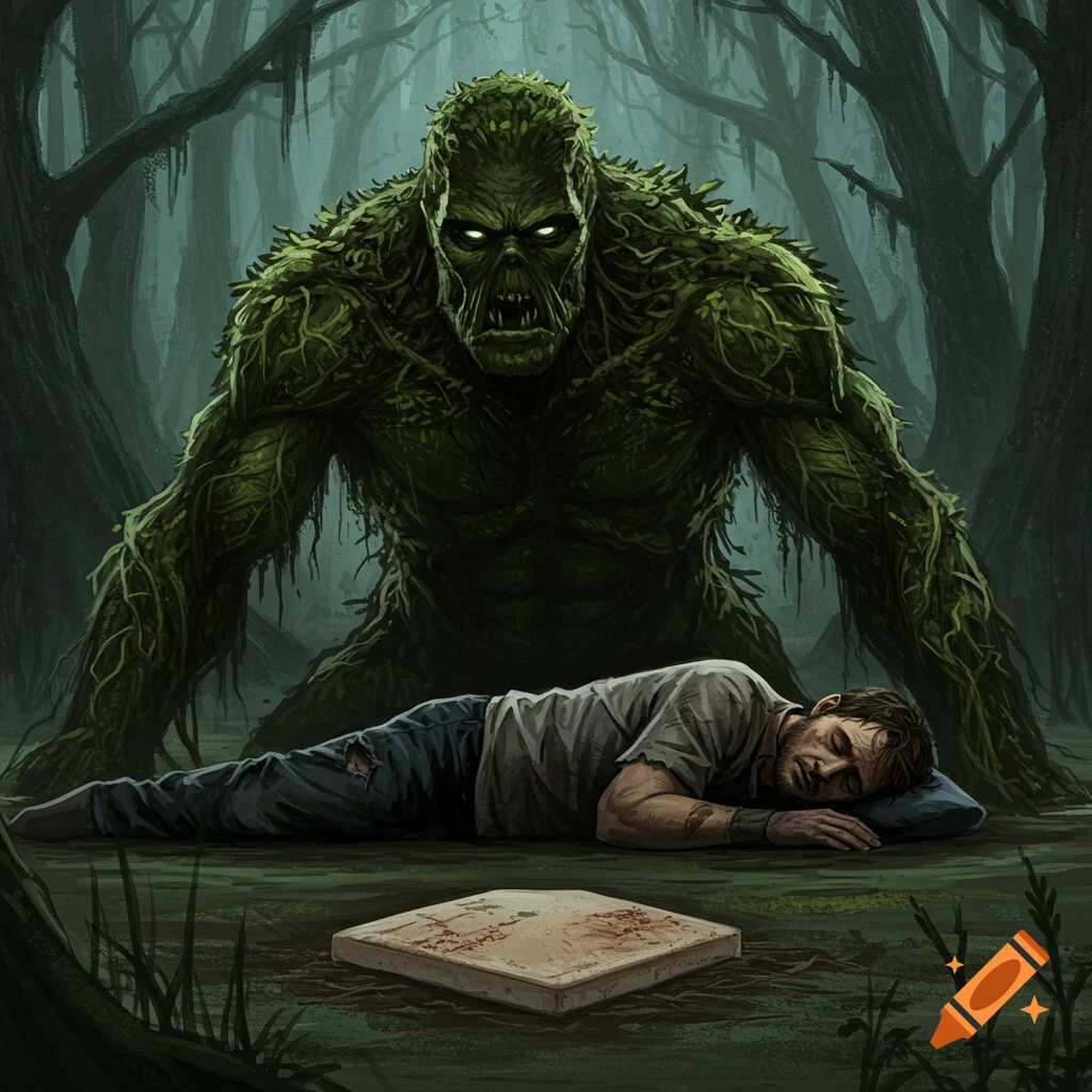 A large, green, moss-covered Swamp Thing creature looms over a sleeping man in a dark, murky swamp, with a baseball base in the foreground.