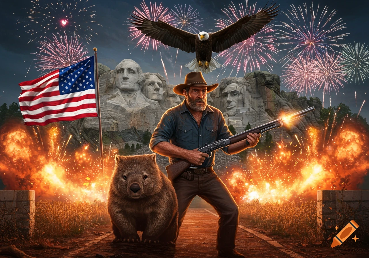 A man with a shotgun and a wombat stand before Mount Rushmore under an American flag, with an eagle soaring above amidst fireworks and explosions.