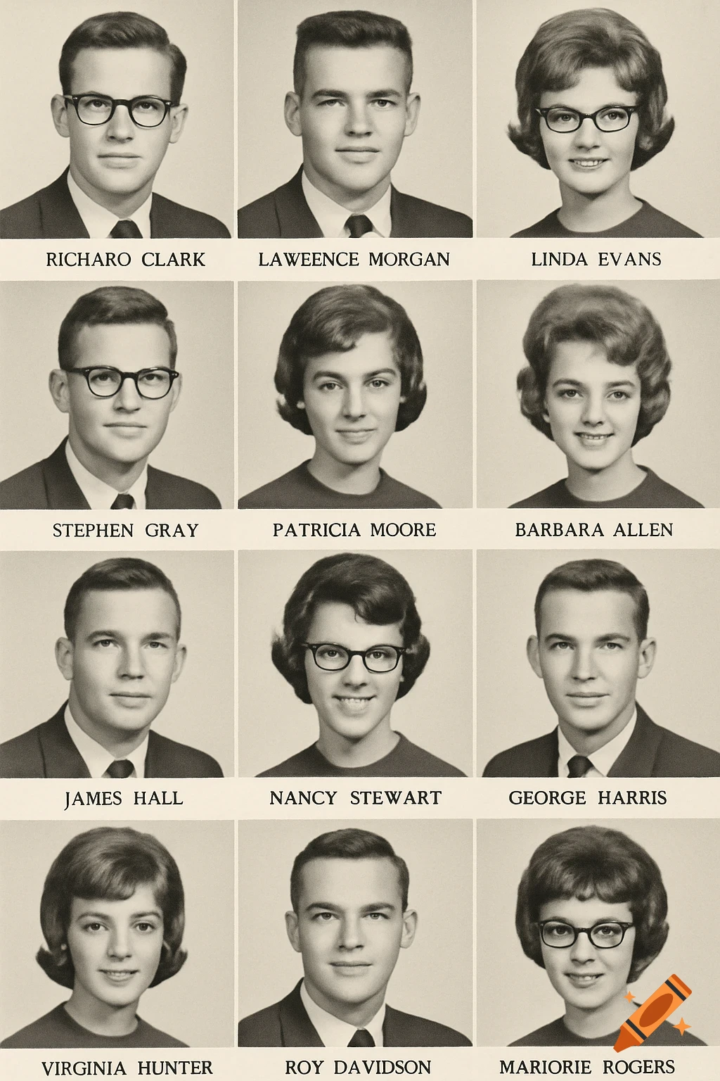 A grid of 12 black and white 1960s yearbook portraits of young men and women, each with a name underneath.