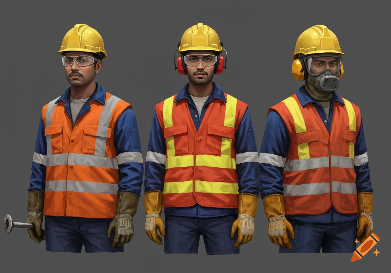 Three workmen wearing blue uniforms, orange hi-viz vests, and yellow hard hats. The first has clear safety glasses, the second has earmuffs and clear safety glasses, and the third wears a gas mask.