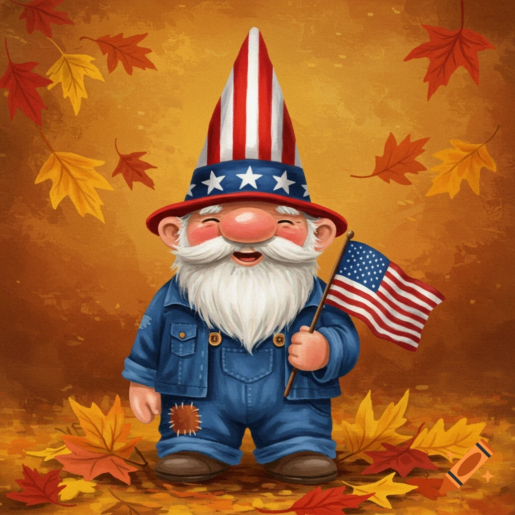 A smiling cartoon gnome wearing a red, white, and blue patriotic hat and denim overalls, holding a small American flag amidst colorful autumn leaves.