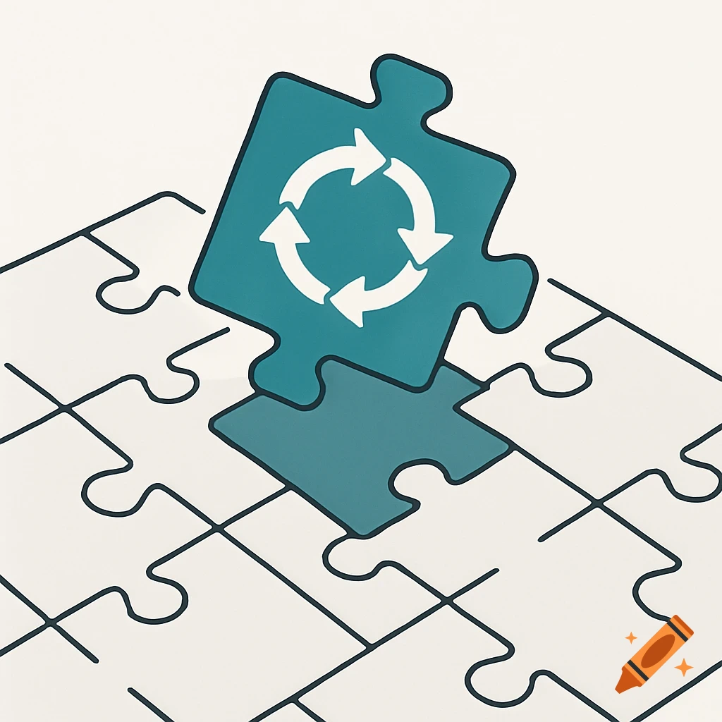 A teal puzzle piece with a white cycle symbol being placed into a white puzzle, in a minimalistic vector style.