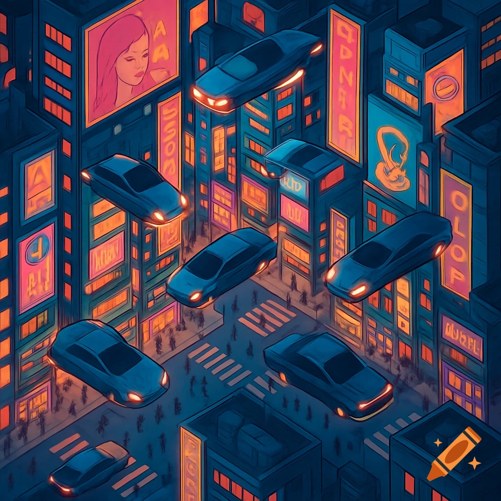 An isometric illustration of a futuristic neon city at night, with dark blue buildings illuminated by orange and pink neon signs and several blue flying cars hovering above the streets, where small crowds of people can be seen.