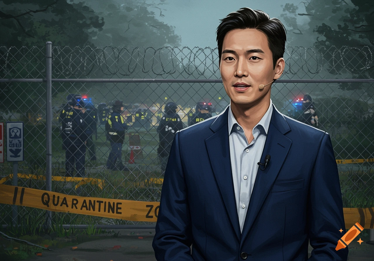 A male reporter in a suit stands in front of a quarantine zone fence with police officers in the background, in a stylized illustration.