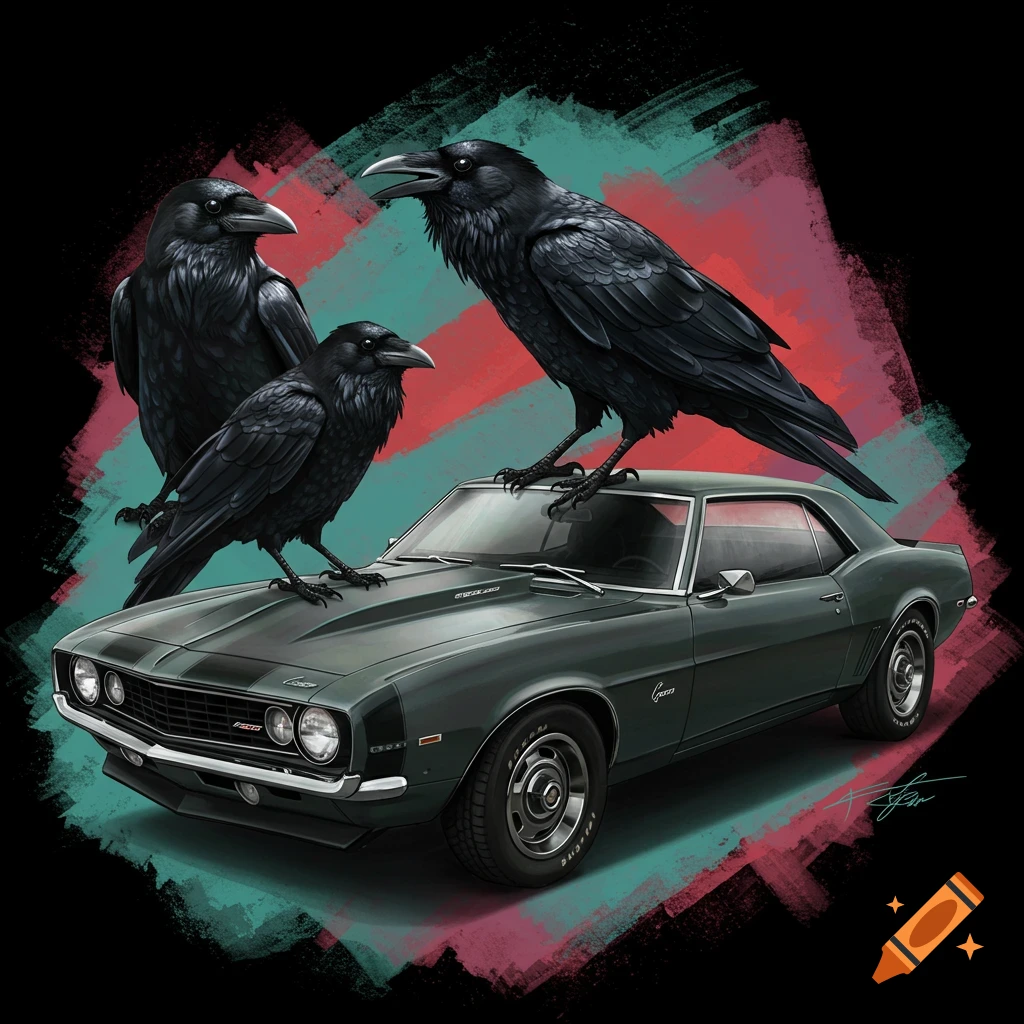 Three black ravens perched on a dark green Chevrolet Camaro, with a red and teal grunge background.