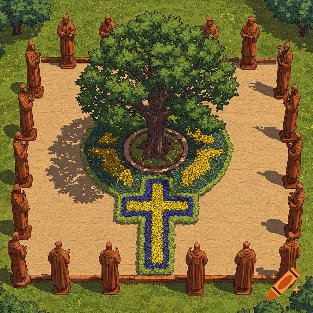 Top-down illustration of a square walled garden with brown statues of priests, a central oak tree, and a large yellow flower cross on blue.