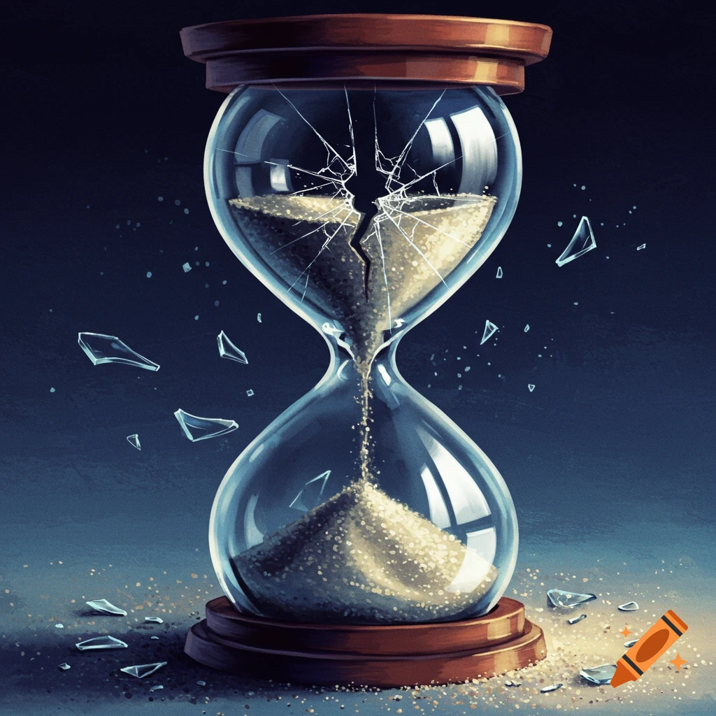 A broken hourglass with sand spilling out and shattered glass shards surrounding it, against a dark background.