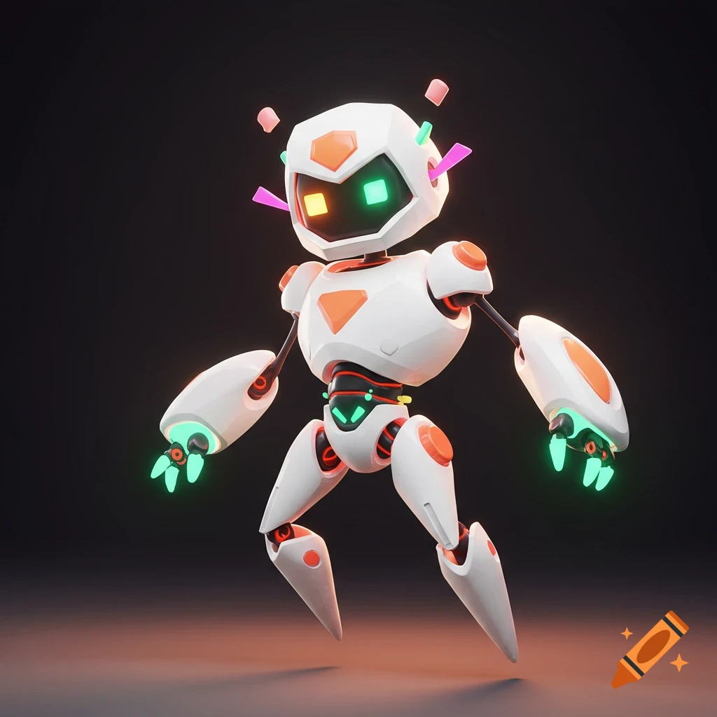 A futuristic white robot with glowing orange, green, and pink accents stands against a dark background.