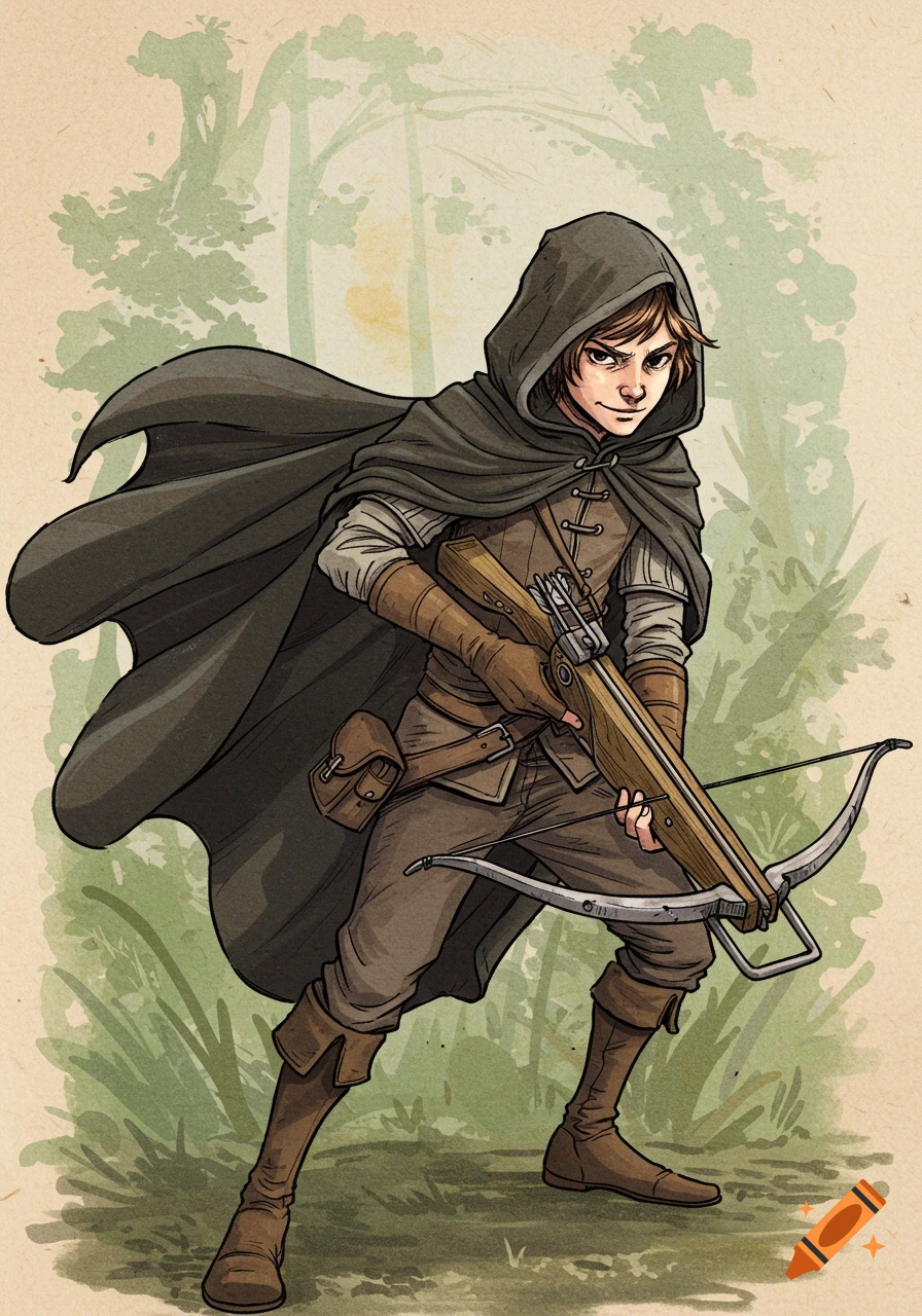 A sneering teenage boy in a hooded cloak and fantasy attire holds a large crossbow in a dynamic pose, in a pen and watercolor illustration style.