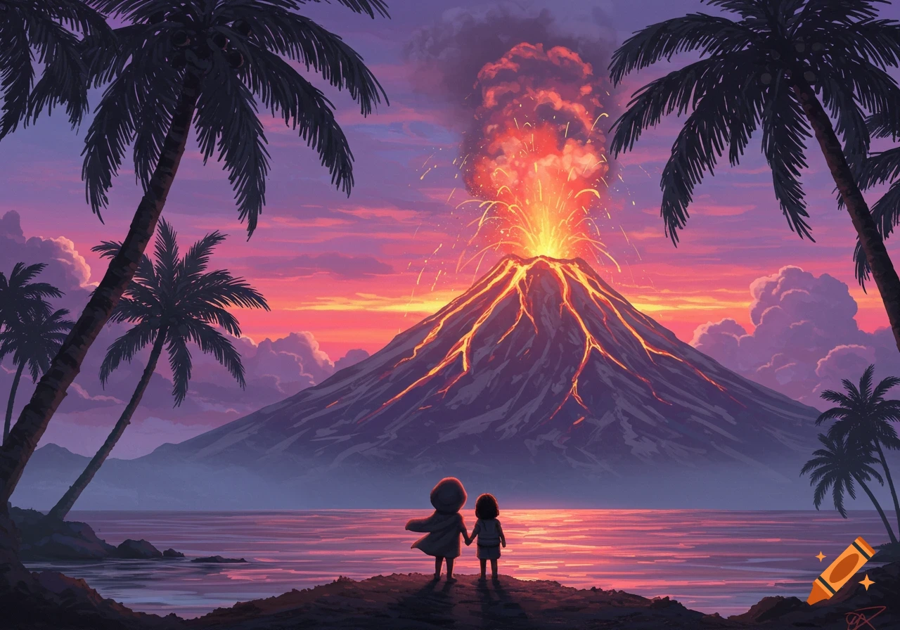 Two small figures watch a volcanic eruption under a vibrant pink and purple sunset sky, framed by palm trees on a tropical island.