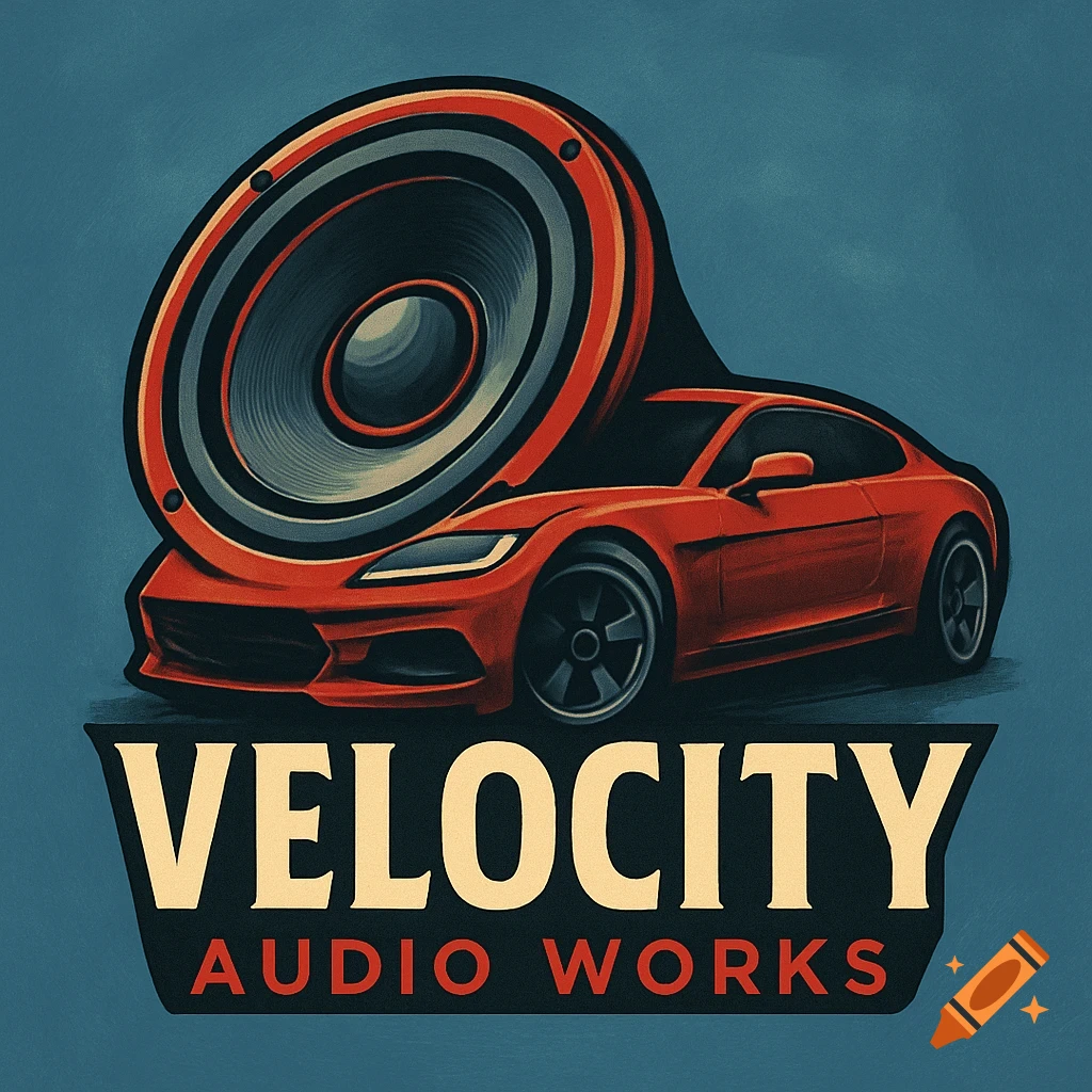 A logo featuring a red car with a large speaker attached, above a banner reading 'VELOCITY AUDIO WORKS', in an illustrative style.