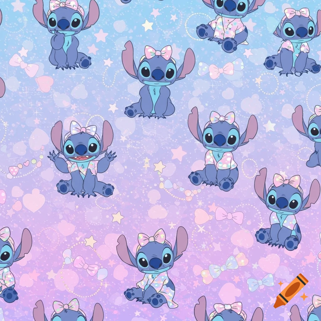 A seamless pattern of cute blue Stitch characters, wearing pink bows, on a pastel blue, pink, and purple background with stars and hearts.