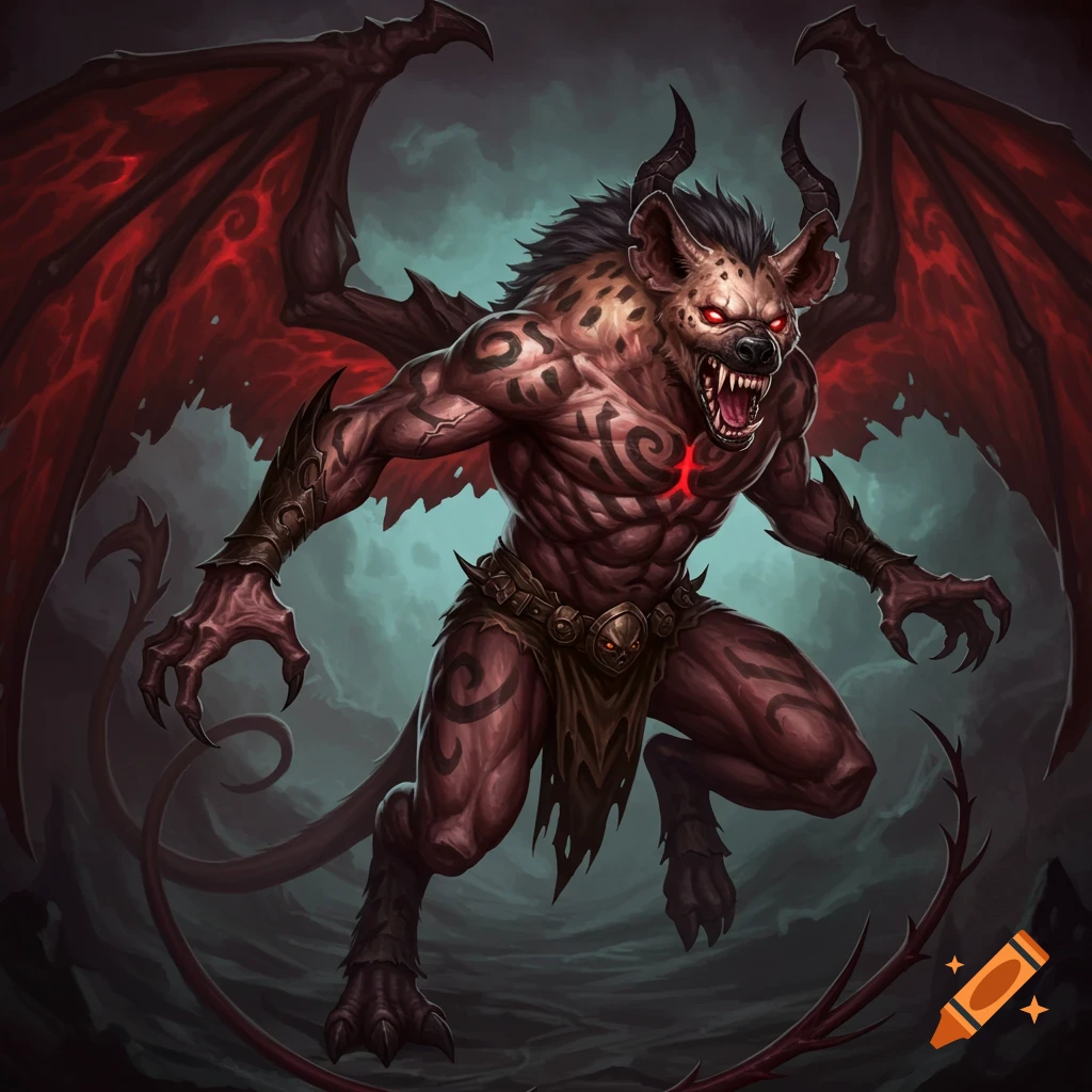 A snarling muscular hyena-headed demon with red glowing eyes, horns, red bat wings, and tribal tattoos, in a dark fantasy art style.