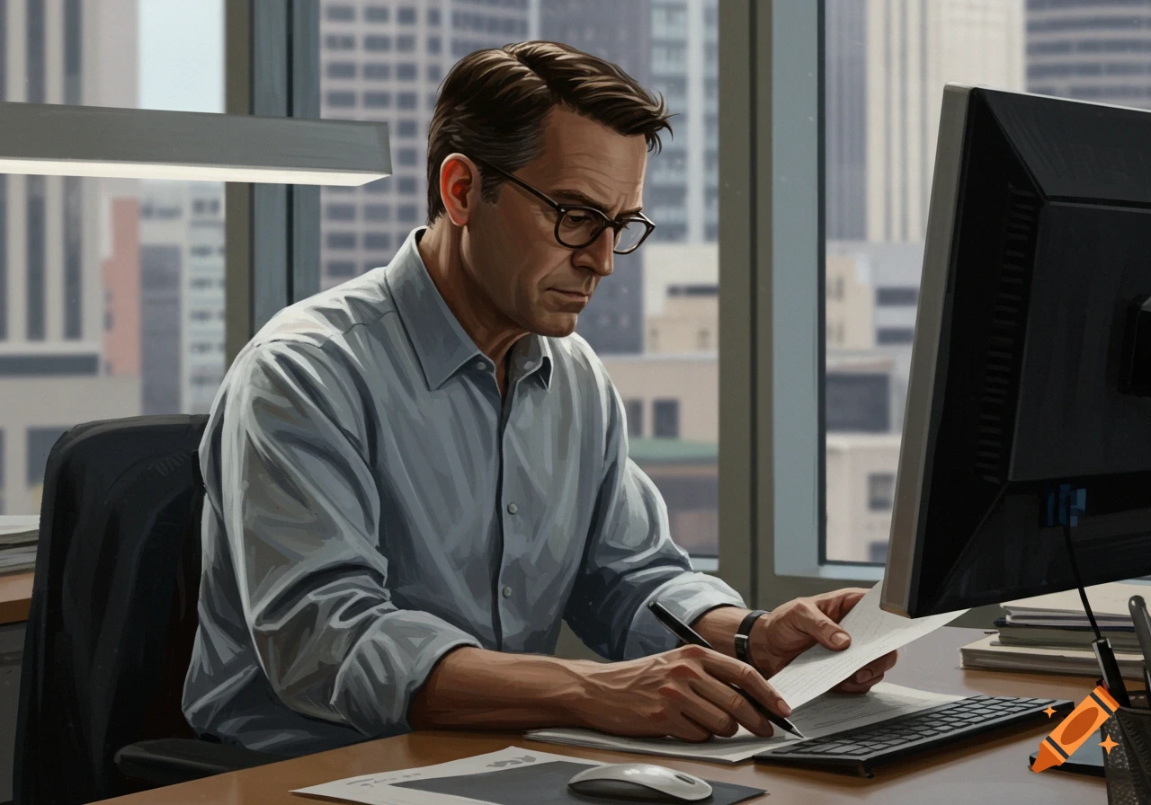 A man in a light blue shirt and glasses sits at an office desk, reviewing documents with a pen, with a city skyline outside the window.