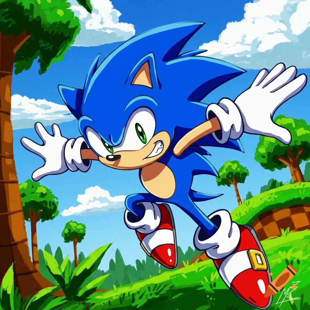 Sonic the Hedgehog leaps through a vibrant green landscape with trees and hills under a blue sky, in a cartoon style.