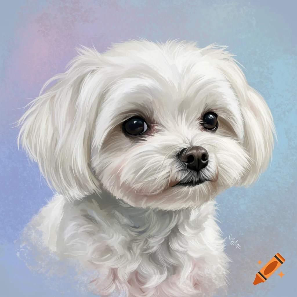 Digital painting of a fluffy white Maltese dog looking slightly to the right with large dark eyes against a blue and pink gradient background.