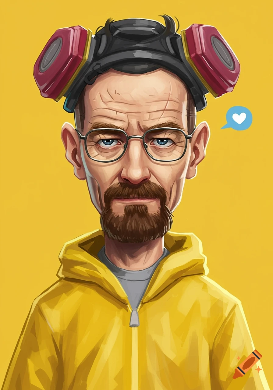 A cartoon caricature of Walter White in a yellow hazmat suit and respirator, with a heart thought bubble, on a yellow background.