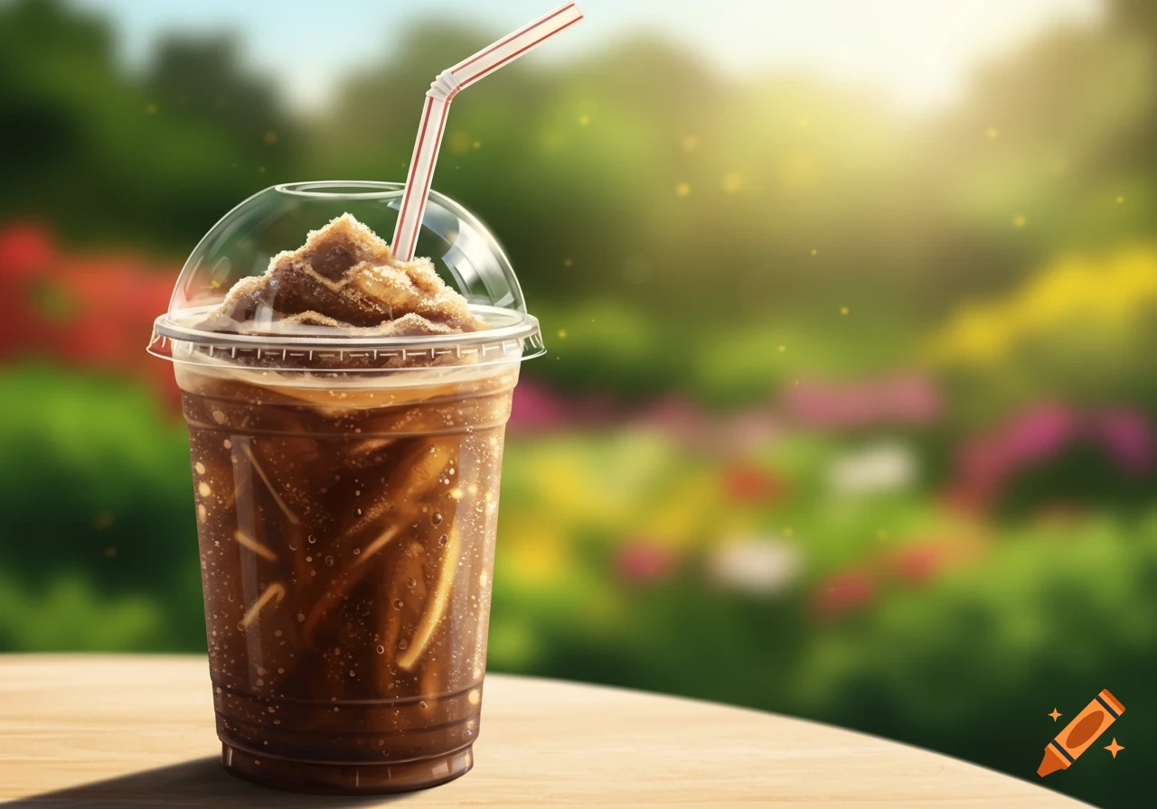 A coffee slushie in a plastic cup with a red and white striped straw sits on a wooden table, against a blurry sunny garden background.