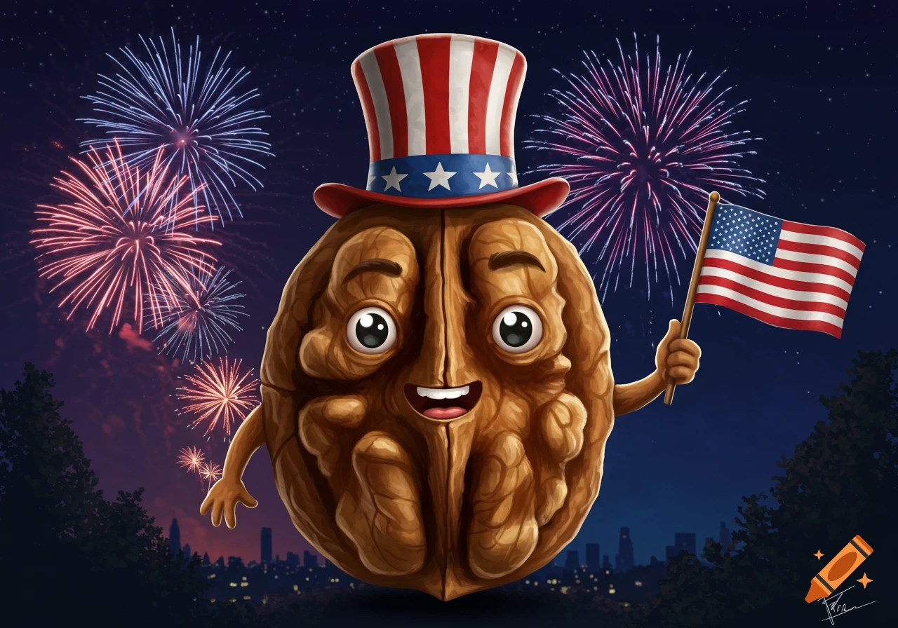 A cartoon walnut wearing an Uncle Sam hat holds an American flag, celebrating with fireworks over a city at night.