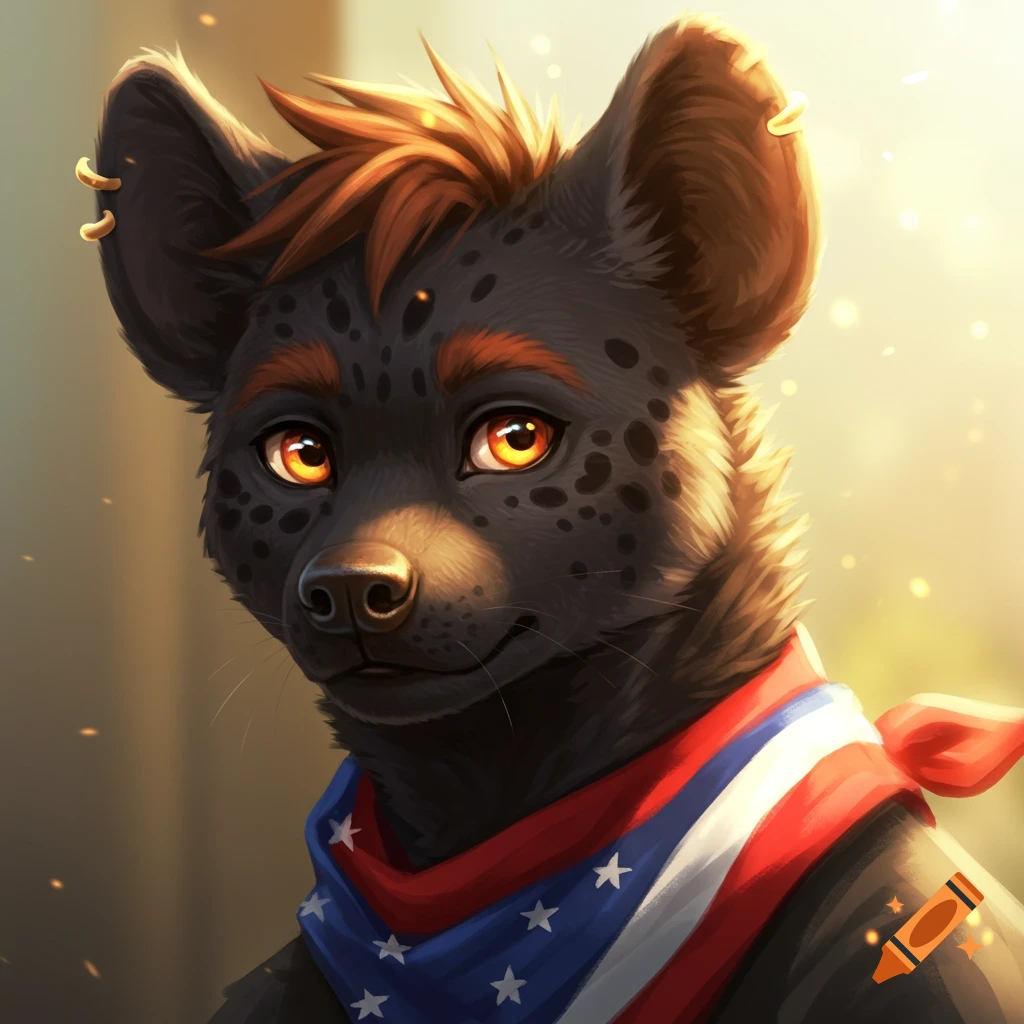 A close-up illustration of a black anthropomorphic hyena with orange eyes and a patriotic red, white, and blue scarf, bathed in sunlight.
