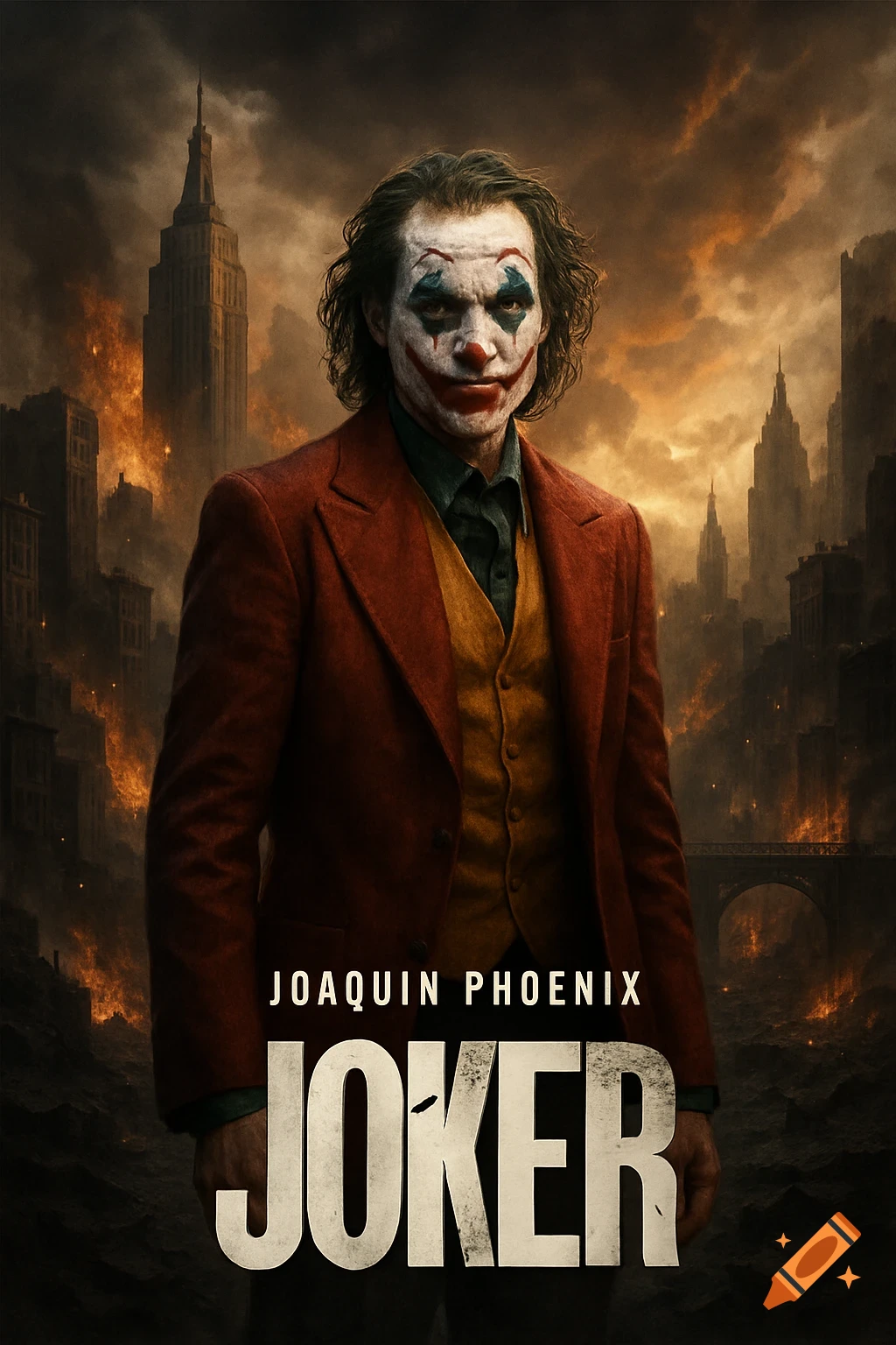 Photorealistic movie poster featuring Joaquin Phoenix as the Joker, in makeup and suit, standing before a burning city.